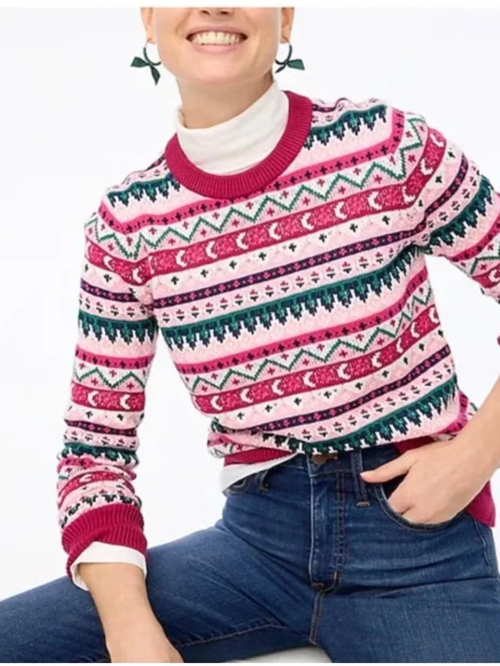 J. Crew Pink & Green Fair Isle Cotton Crewneck Sweater